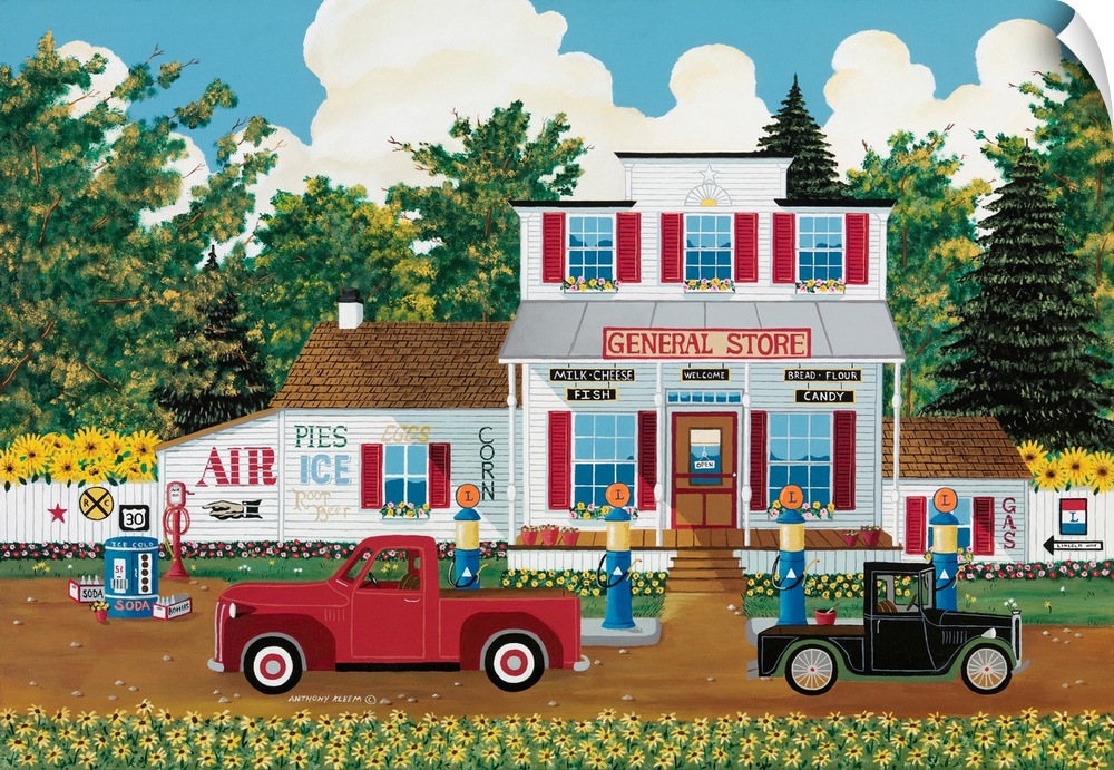 Contemporary Americana painting of a red pick-up truck parked outside of a country general store.