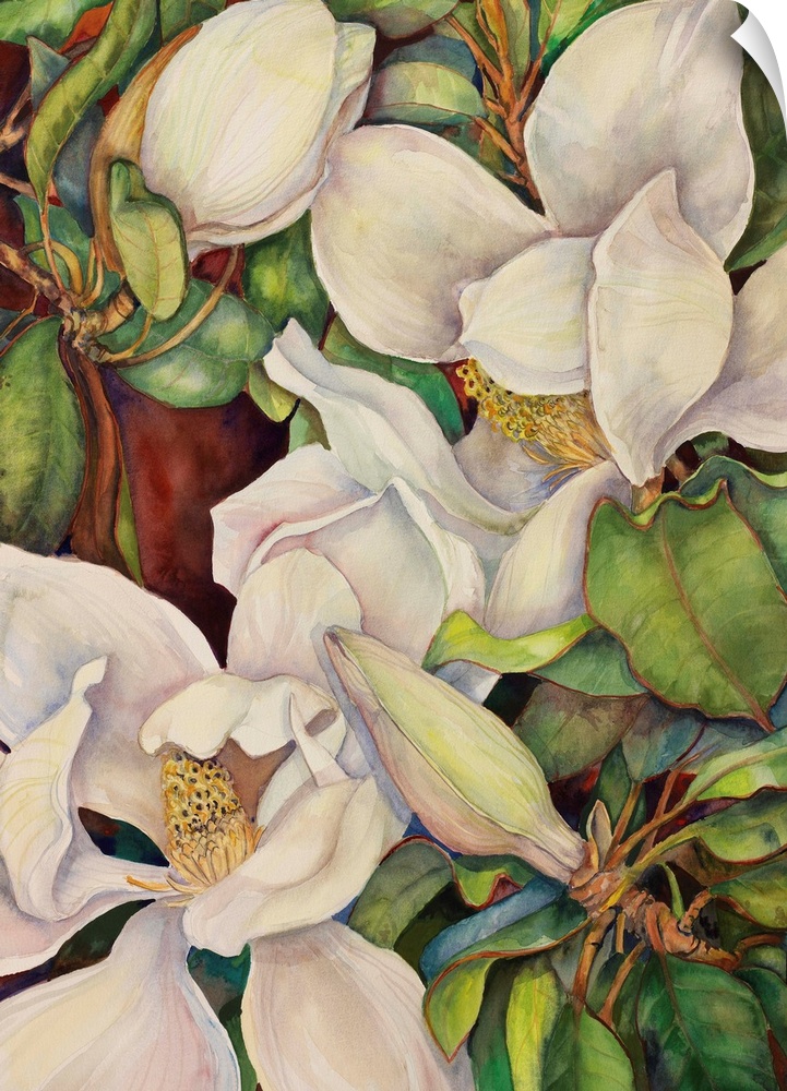 Colorful contemporary painting of off white magnolias.
