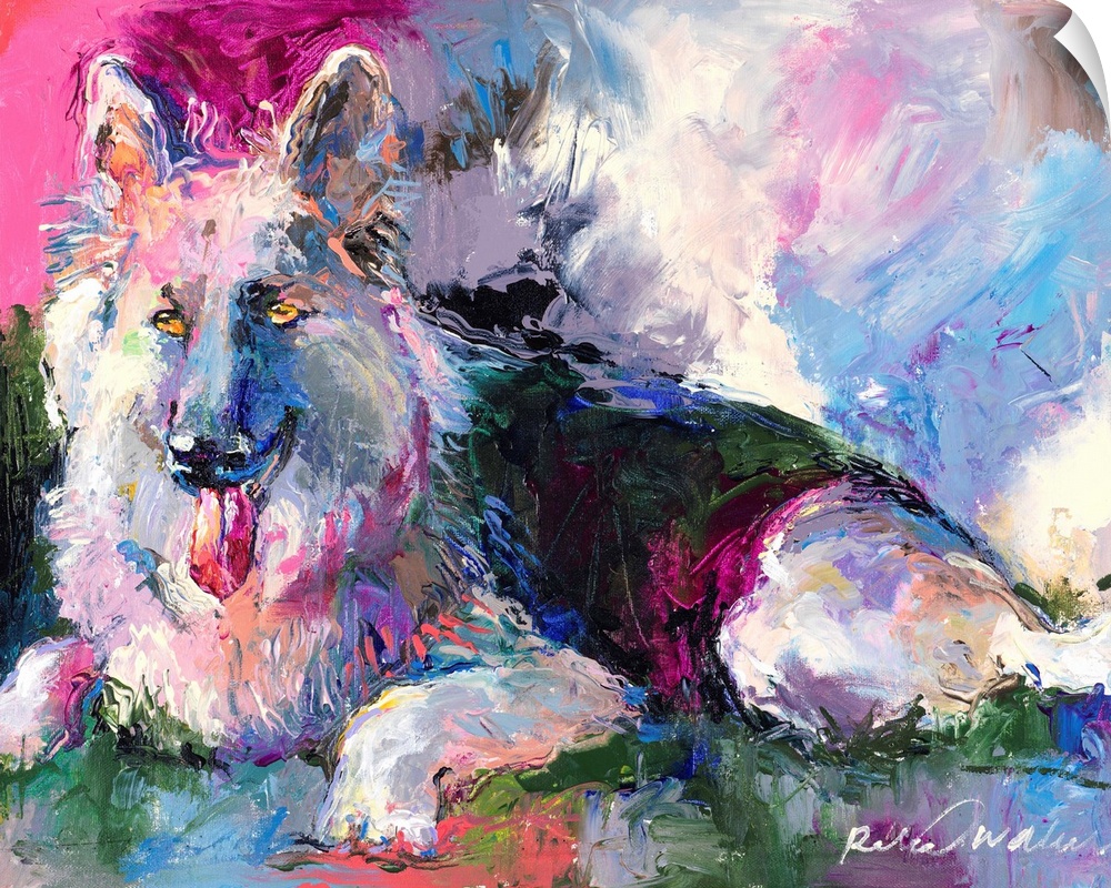 Colorful abstract portrait of a German Shepherd laying down with its tongue hanging out.