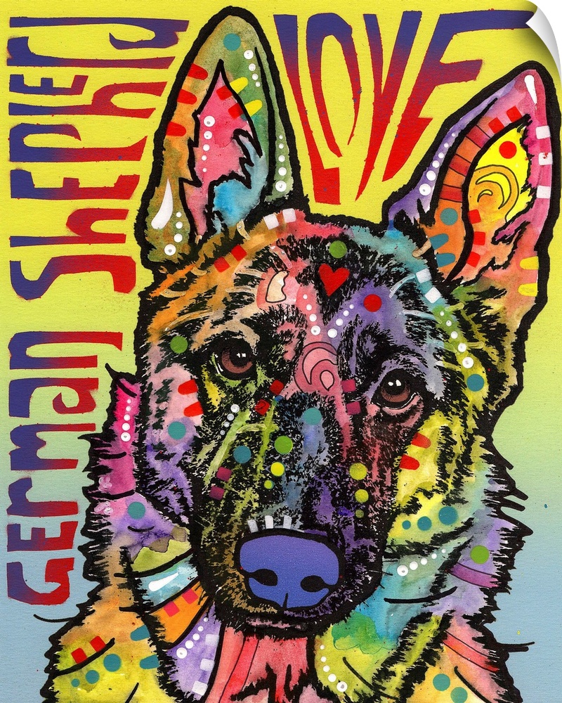 "German Shepherd Love" written around a colorful painting of a German Shepherd with abstract markings on a yellow and blue...