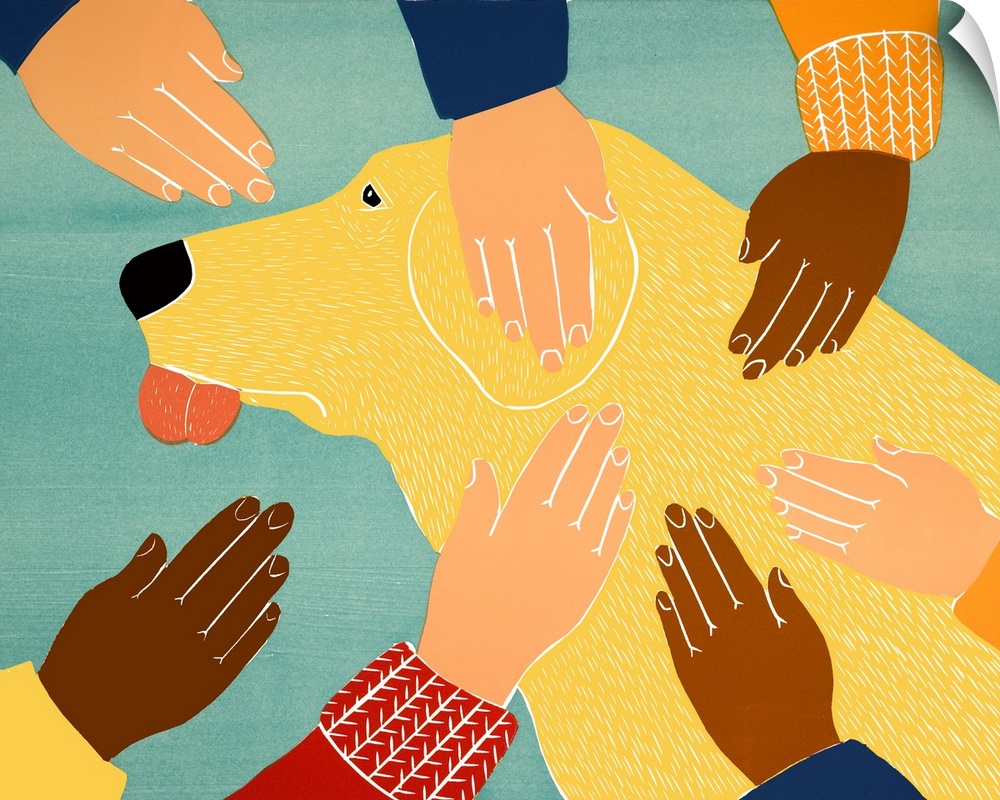 Illustration of a yellow lab getting petted by many different people.