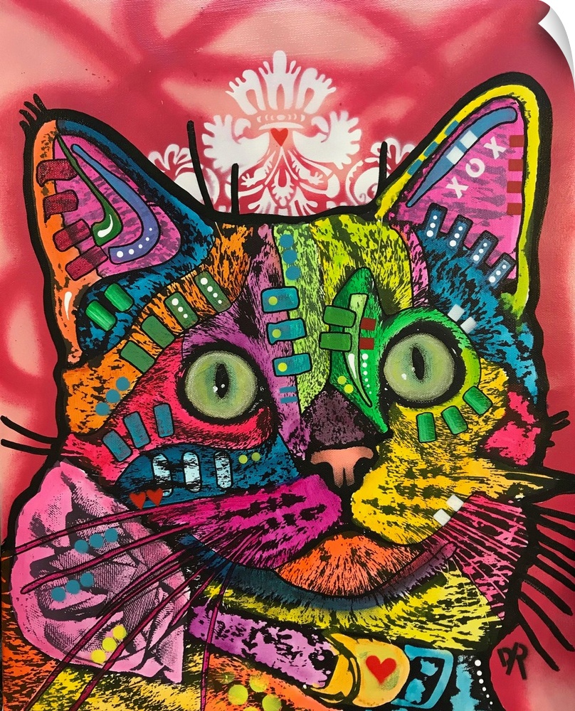 Contemporary stencil painting of a cat filled with various colors and patterns.