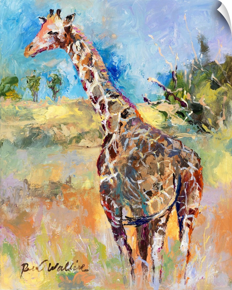 Abstract painting of a giraffe in its habitat.