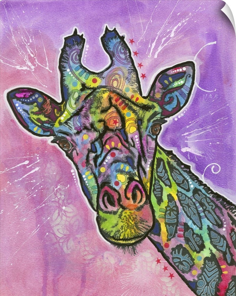 Colorful painting of a Giraffe with abstract markings on a pink and purple background with white paint splatter and designs.
