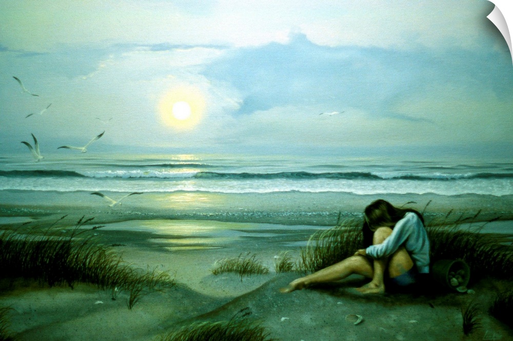 Contemporary painting of a young woman on the beach with a pail full of seashells at dusk.