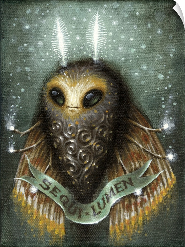 Surrealist painting of a moth-like creature with light pouring from its legs .