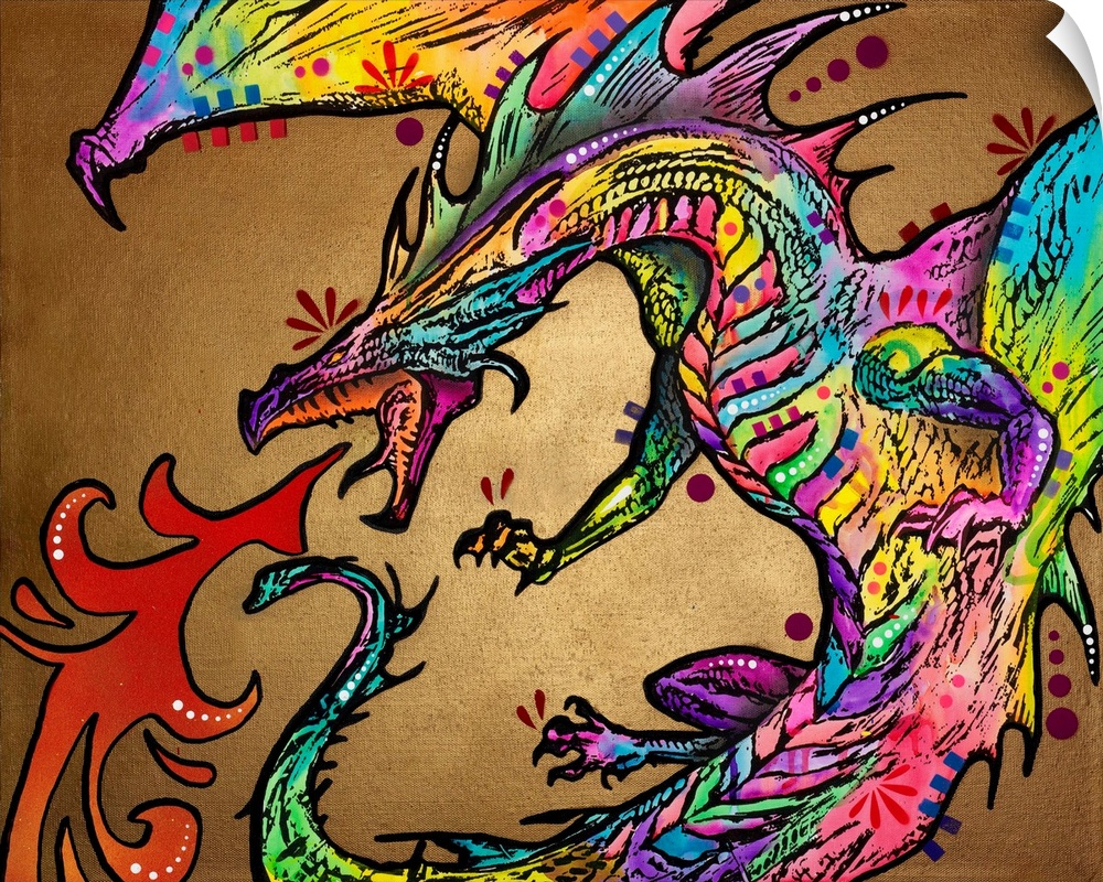 Colorful illustration of a fire breathing dragon with a dark gold background.
