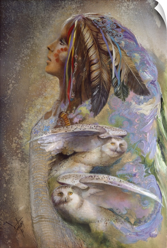A contemporary painting of a Native American woman looking upward with images of white owls in the foreground of the image.