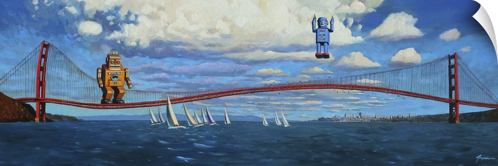 A contemporary painting of two retro toy robots using the Golden Gate Bridge to jump and bounce into the air.