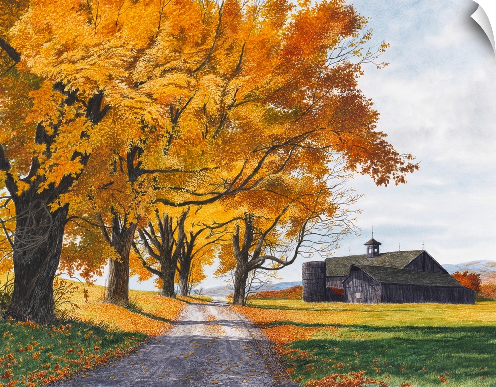 Painting of a country road leading to a barn through autumn trees.