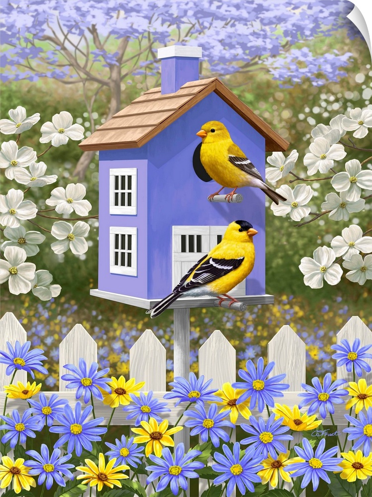 Goldfinches perched on a lavender birdhouse.