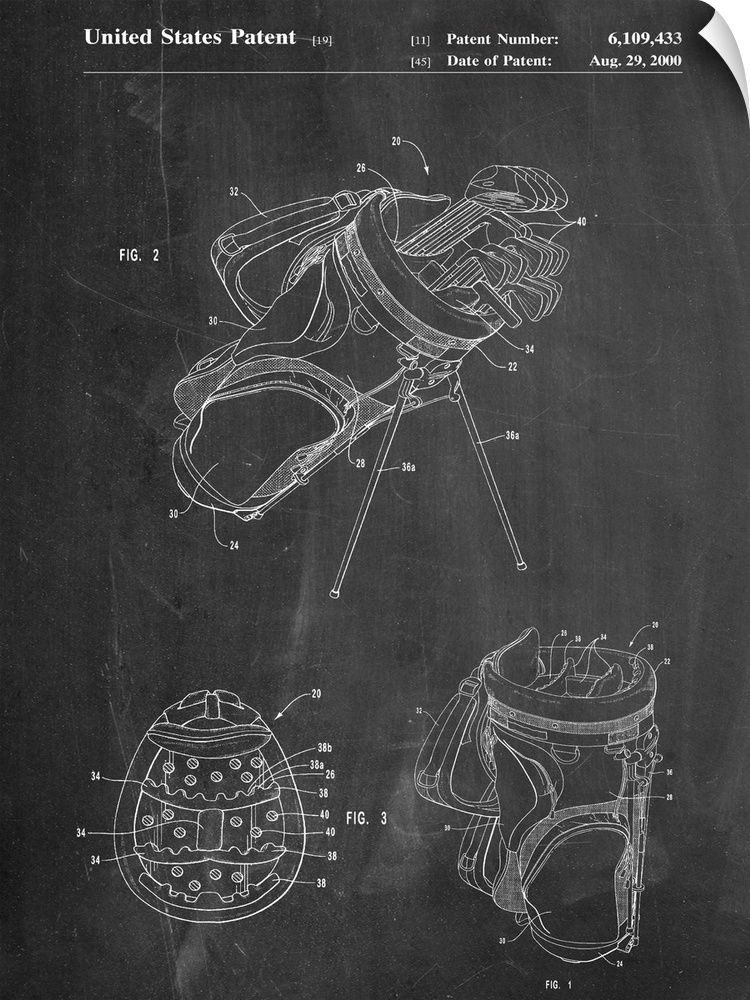 Black and white diagram showing the parts of a golf bag for carrying clubs.