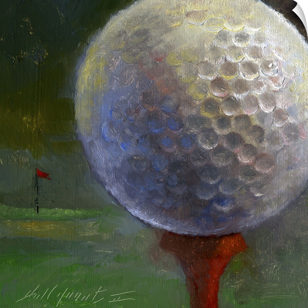Contemporary still-life painting of a golf ball close-up, with a red flag marking the cup in the background.
