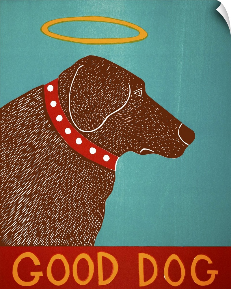 Illustration of a chocolate lab with a halo and the phrase "Good Dog" written at the bottom.