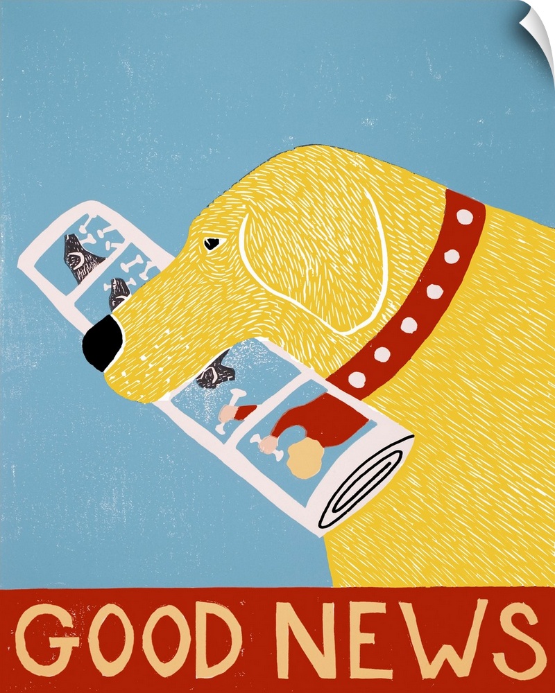 Illustration of a yellow lab with the newspaper in its mouth and the phrase "Good News" written on the bottom.