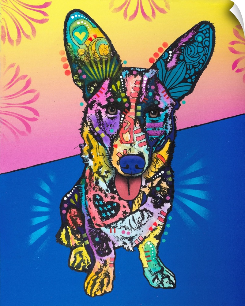 Pop art style painting of a dog wearing a bandanna and colorful abstract designs on a blue, pink, and yellow background wi...