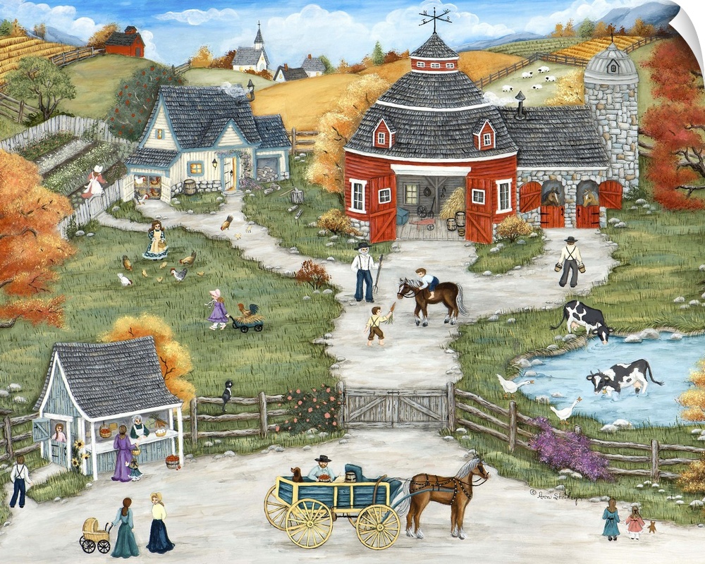 Country village, horses, barns, cows, fields