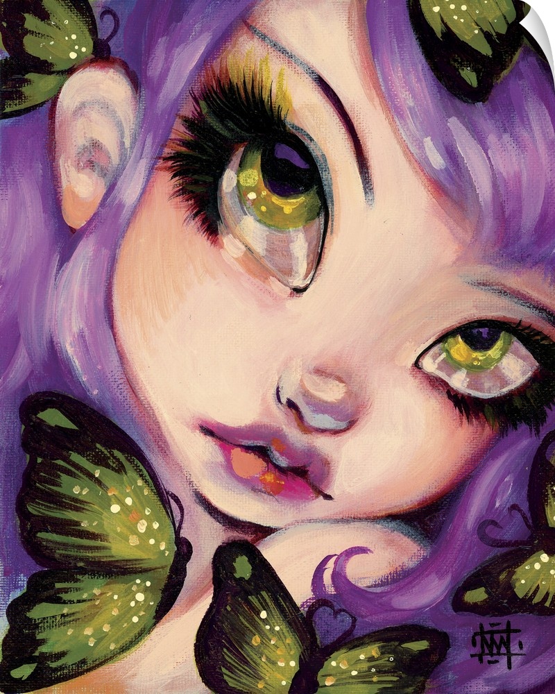 Fantasy painting of a woman with large eyes, violet hair, and butterflies.