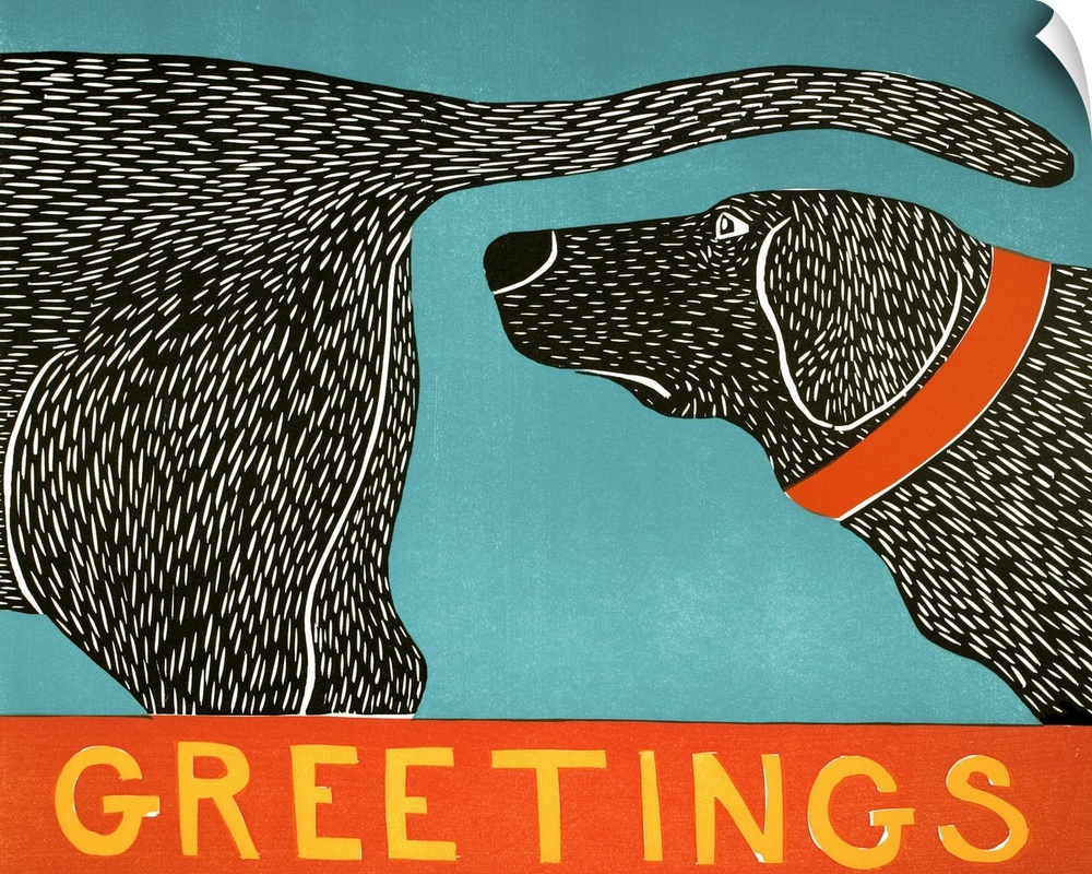 Illustration of a black lab sniffing another black lab's behind with the word "Greetings" written on the bottom.