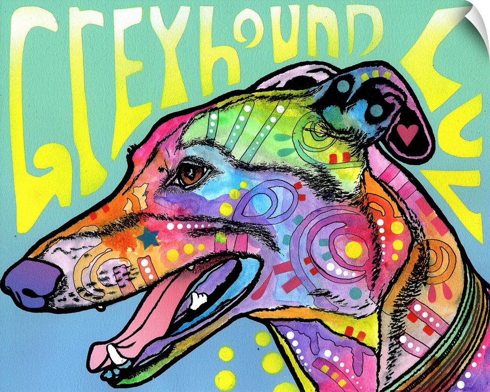 Colorful painting of a Greyhound with graffiti-like designs on a green and blue background with "Greyhound Luv" spray pain...