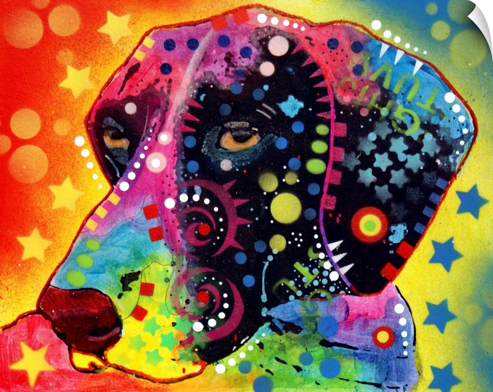 Contemporary stencil painting of a dog filled with various colors and patterns.