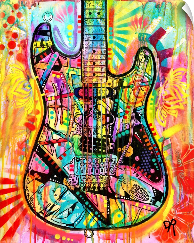 Playful illustration of a guitar with colorful paint and designs all over.