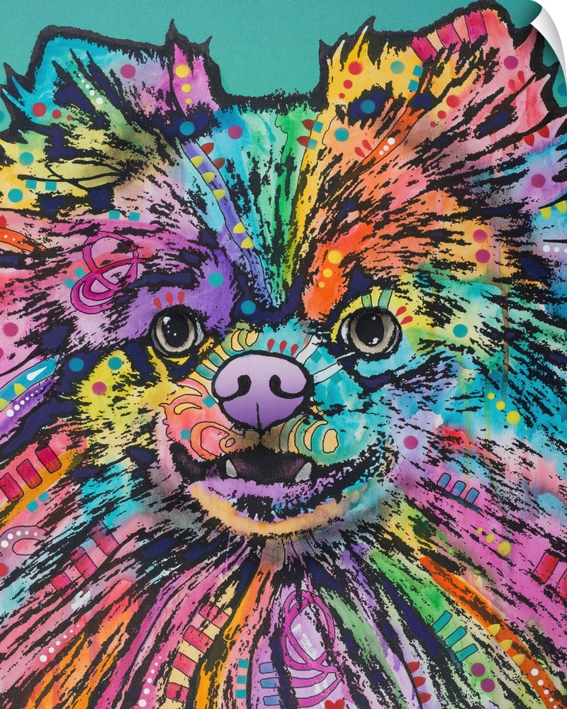 Colorful painting of a Pomeranian with abstract designs on a teal background.