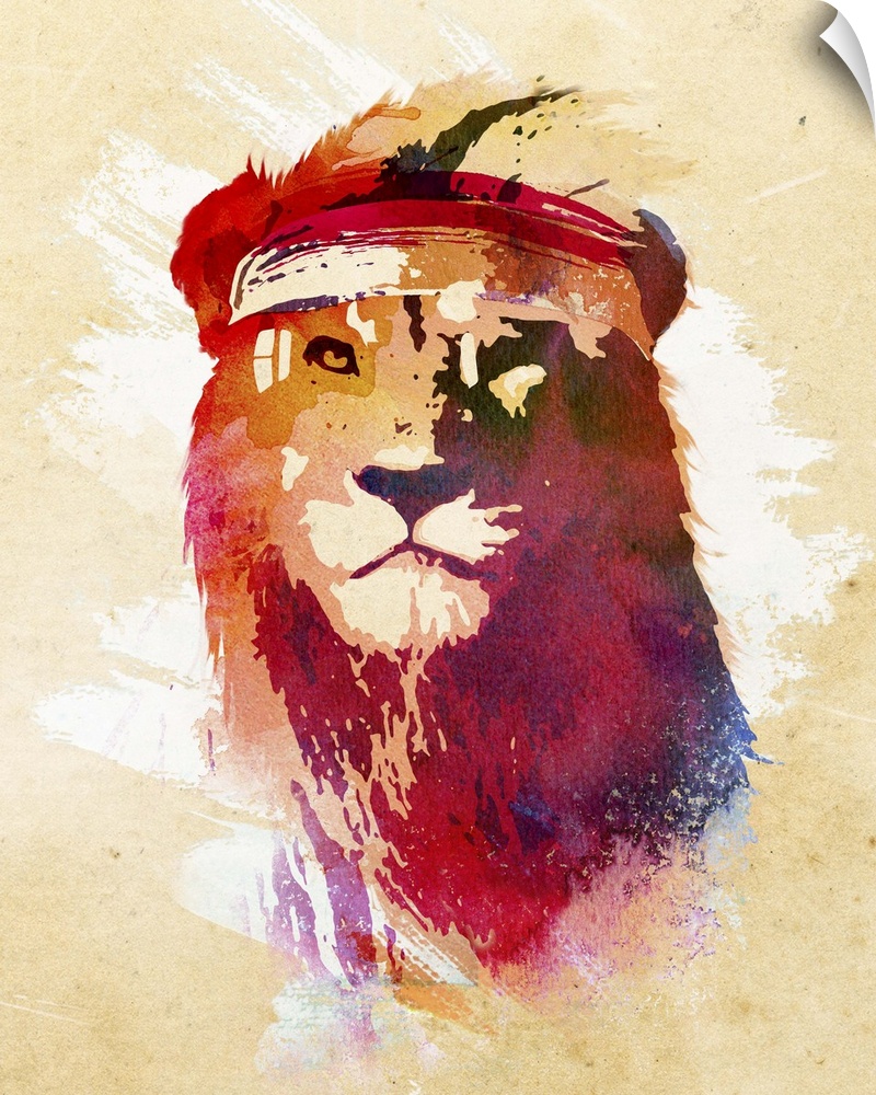 Contemporary artwork of a lion wearing a gym headband.