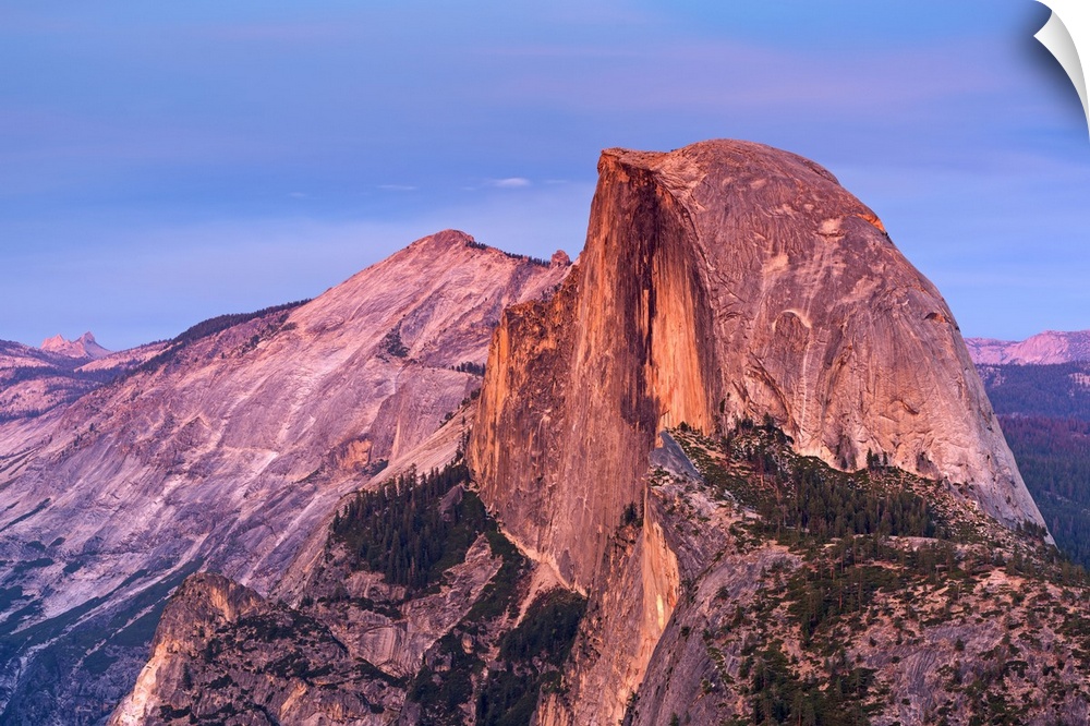 Half Dome in Yosemite bathed in pink light from the sunset.
