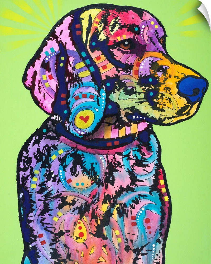 Colorful painting of a retriever with abstract designs on a green background.