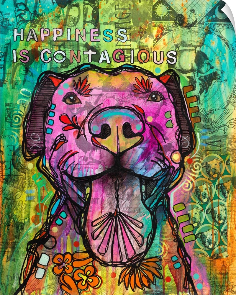 "Happiness is Contagious" stenciled in different colors above an illustration of a pit bull covered in abstract floral mar...
