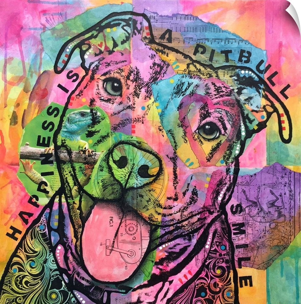 Contemporary stencil painting of a pit bull filled with various colors and patterns and the text, "Happiness is a pit bull...