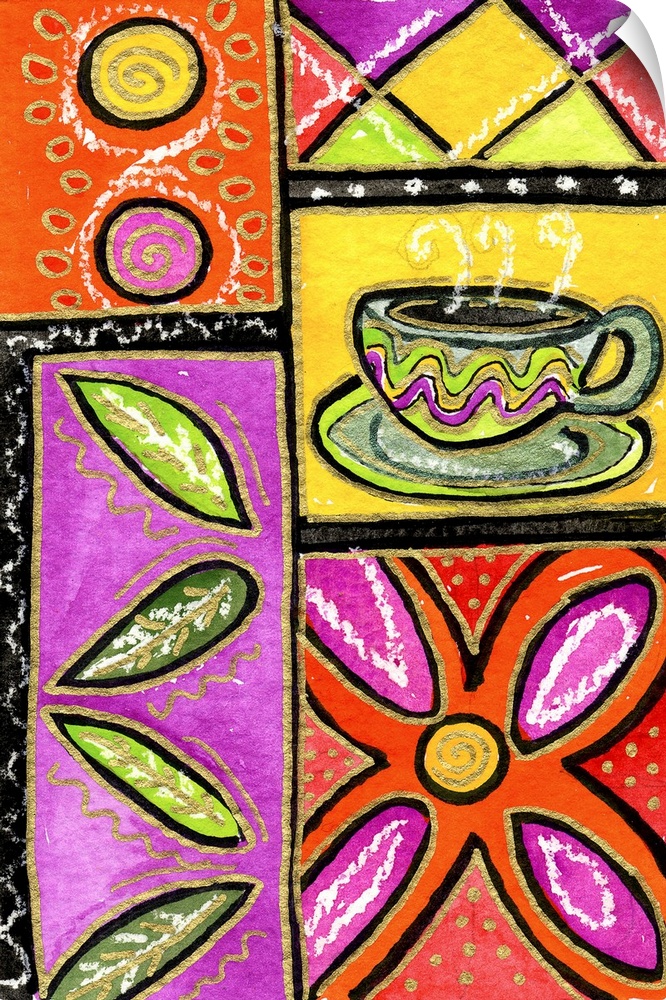 A cup of coffee with a bright pink and red floral pattern.