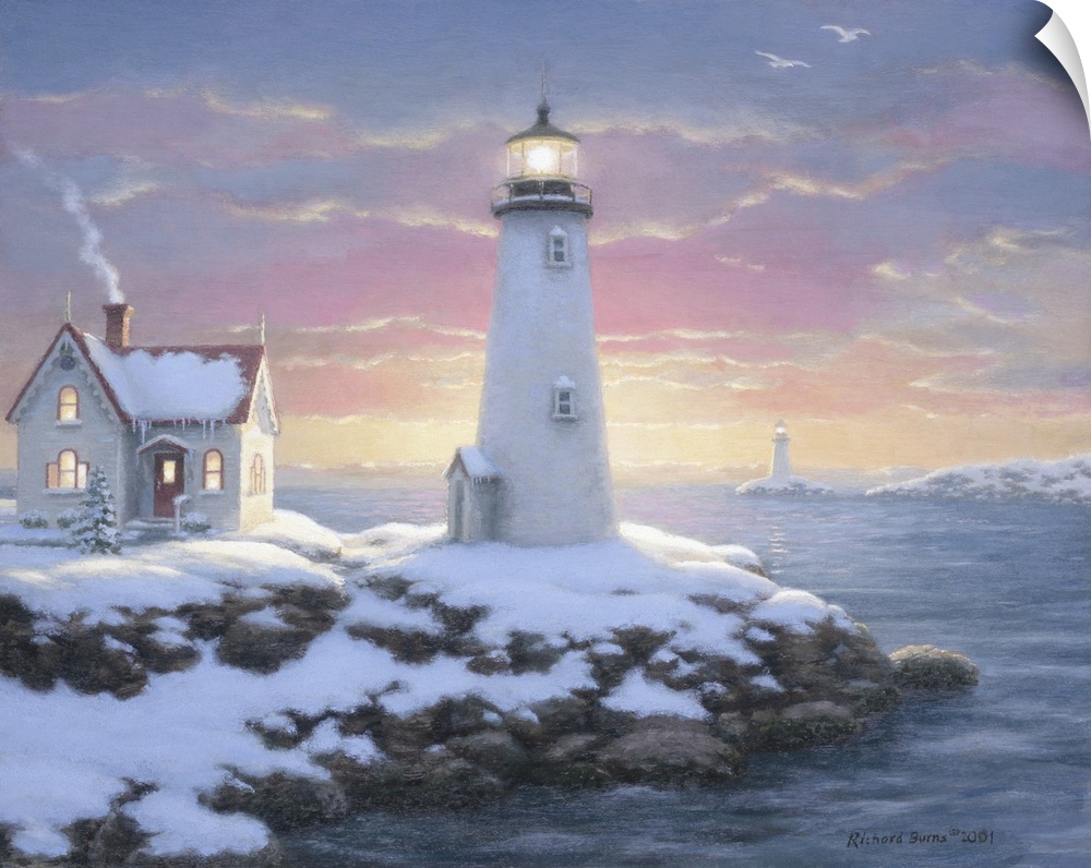 Contemporary painting of seaside cottage and lighthouse in winter.
