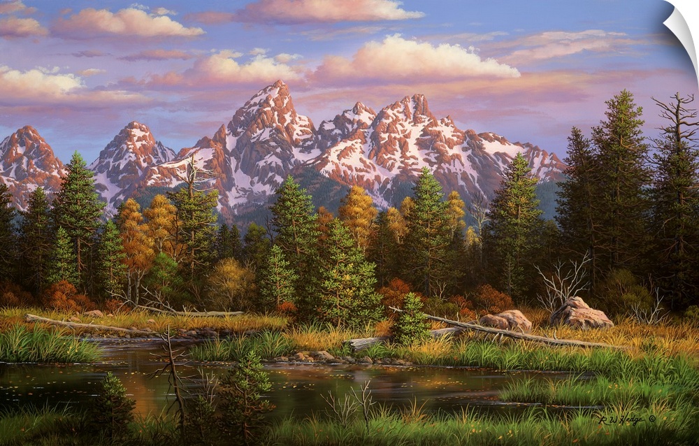 Landscape painting of river and mountains.