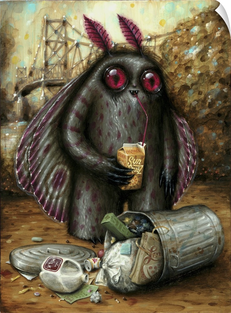 Surrealist painting of a winged insect type monster sipping from a juice carton while standing over a trashcan.