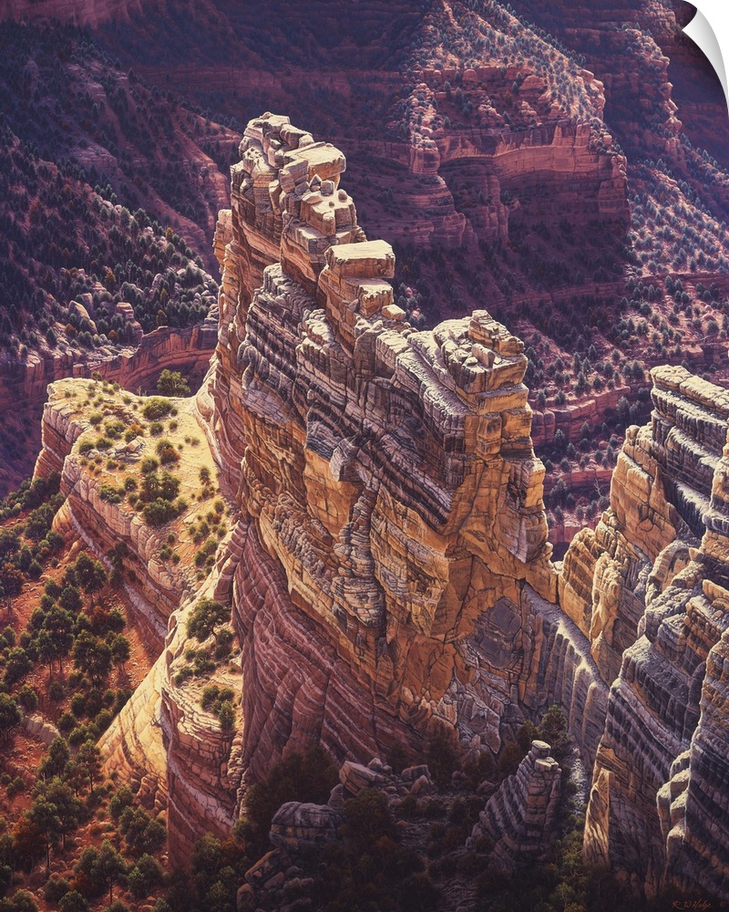 View of a tall rocky outcropping in the middle of a canyon.