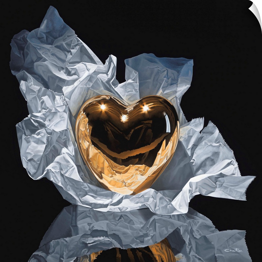 Contemporary vivid realistic still-life painting of a golden reflective heart heart figurine sitting on crumpled and wrink...
