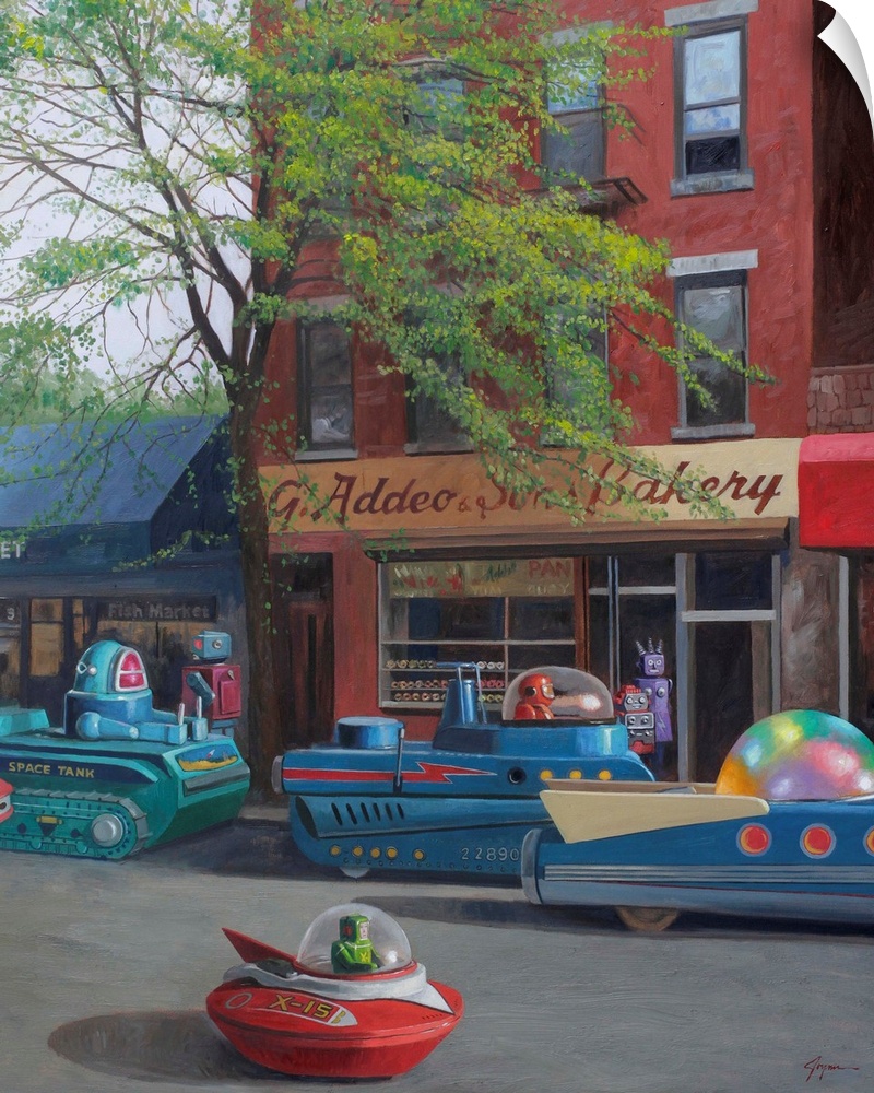 A contemporary painting of a street scene in a city with retro toy robots driving spaceship vehicles.