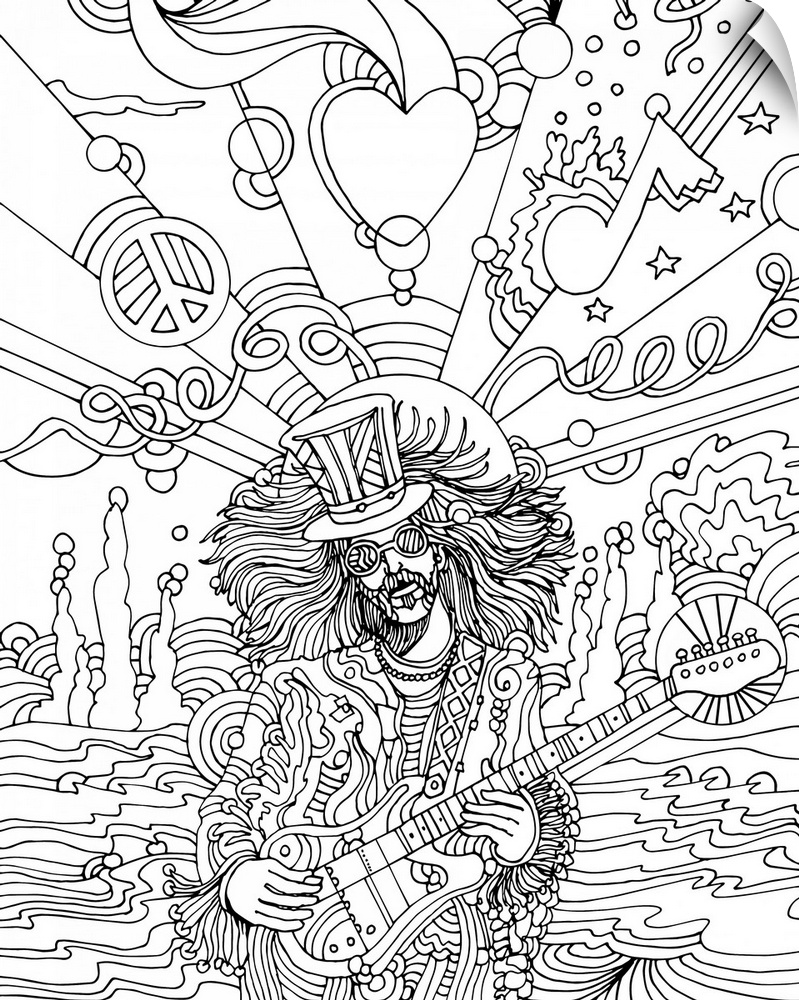 Black and white line art of a musician.