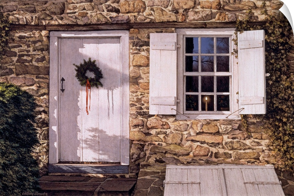 Pennsylvania architecture- front of stone house with white doors and shutters and a wreath on the door.