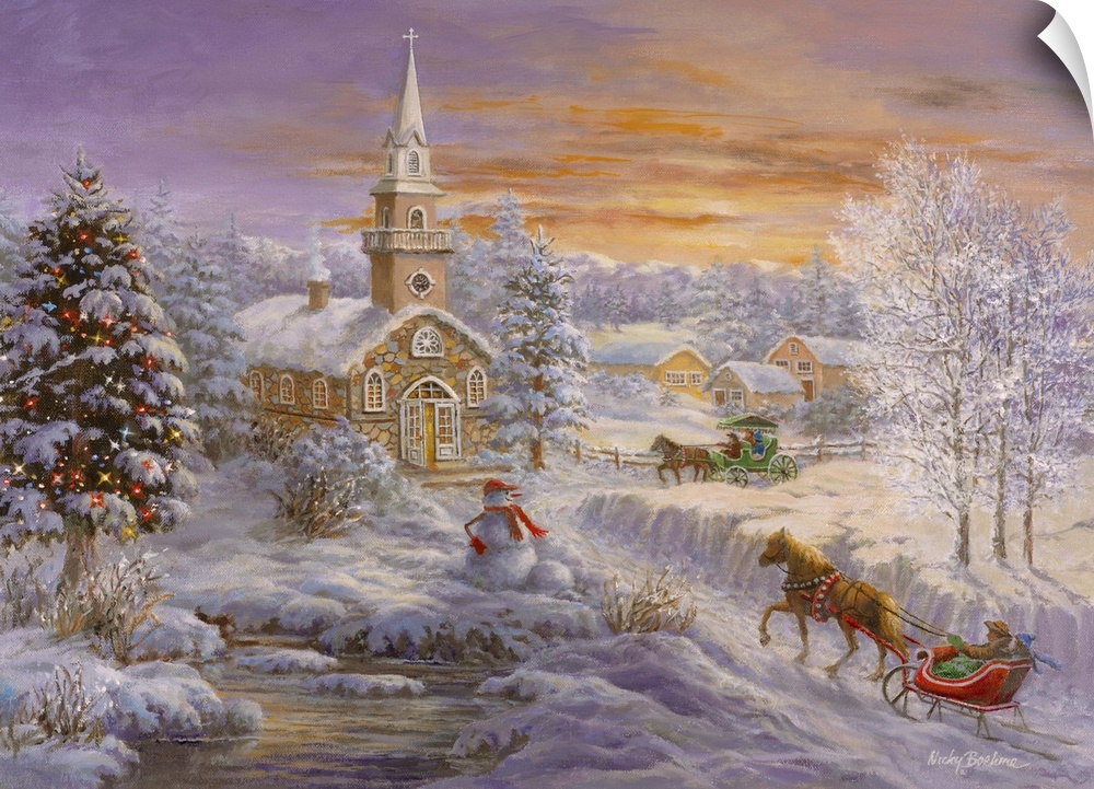 Painting of a church scene featuring a large Christmas tree. Product is a painting reproduction only, and does not contain...
