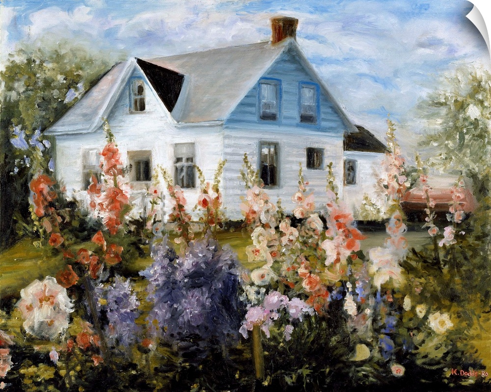 Contemporary artwork of hollyhocks in front of a rustic country building.