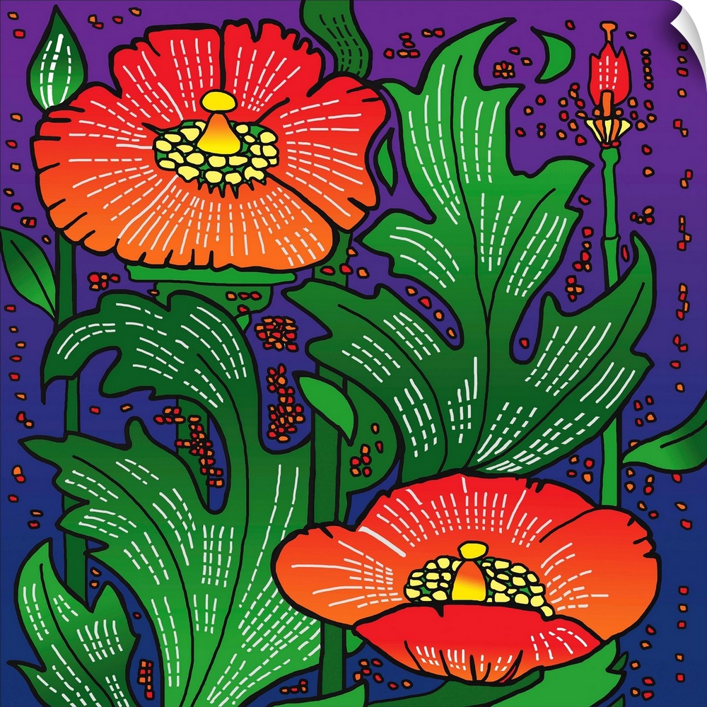 Contemporary artwork of two red flower surrounded by green leaves.