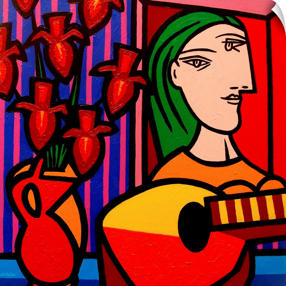 Homage To Picasso 2, woman, flowers, guitar, music