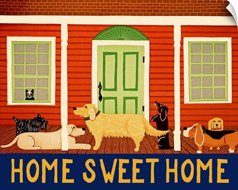 Illustration of different breeds of dogs all together on the front porch of a red house with a cat in the window and the p...