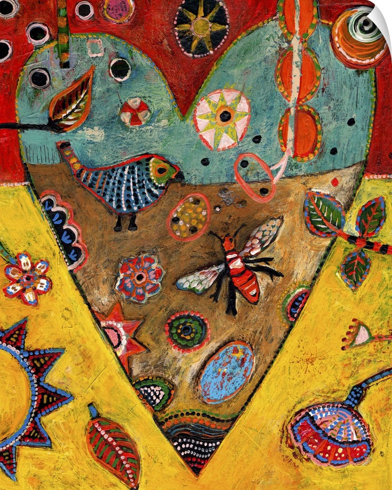 Lighthearted contemporary painting of a heart with a collage of birds and bugs and flowers inside.
