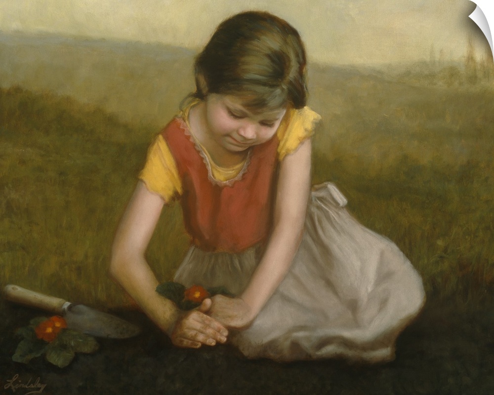 Little girl planting flowers.