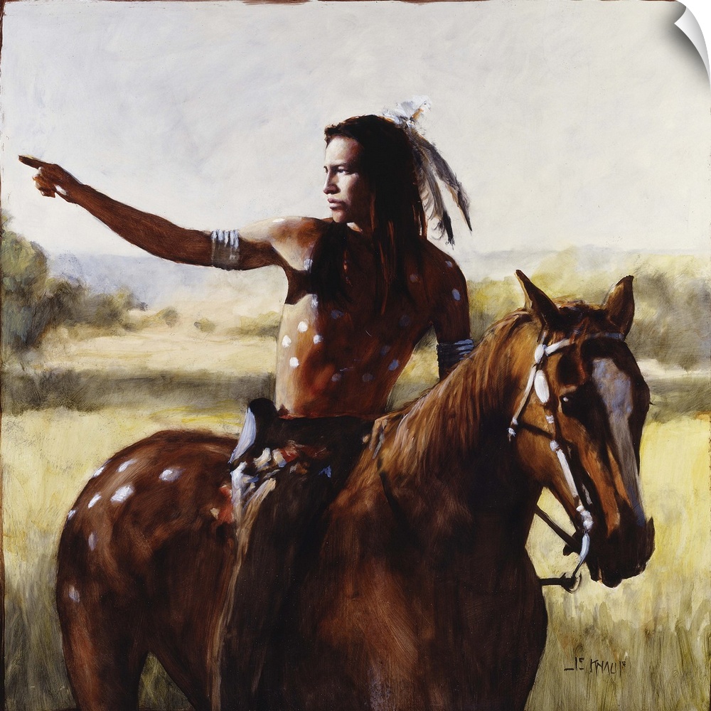 Contemporary western theme painting of a native American man on horseback pointing to something in the distance.
