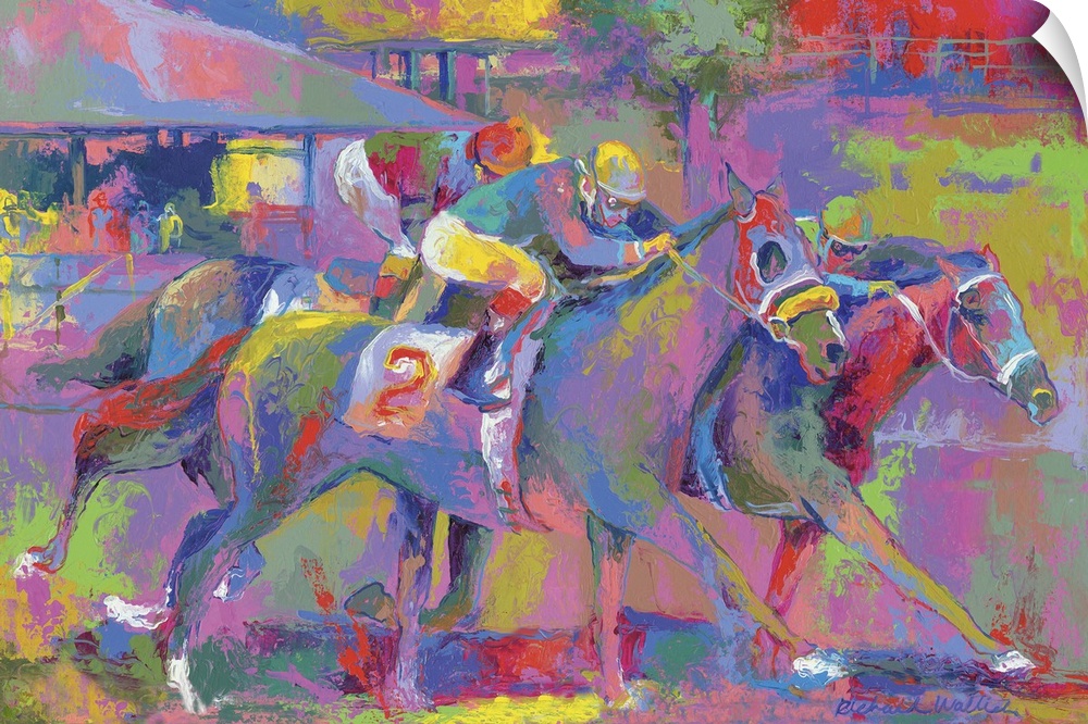 Colorful vibrant painting of jockey's riding horses in a race.